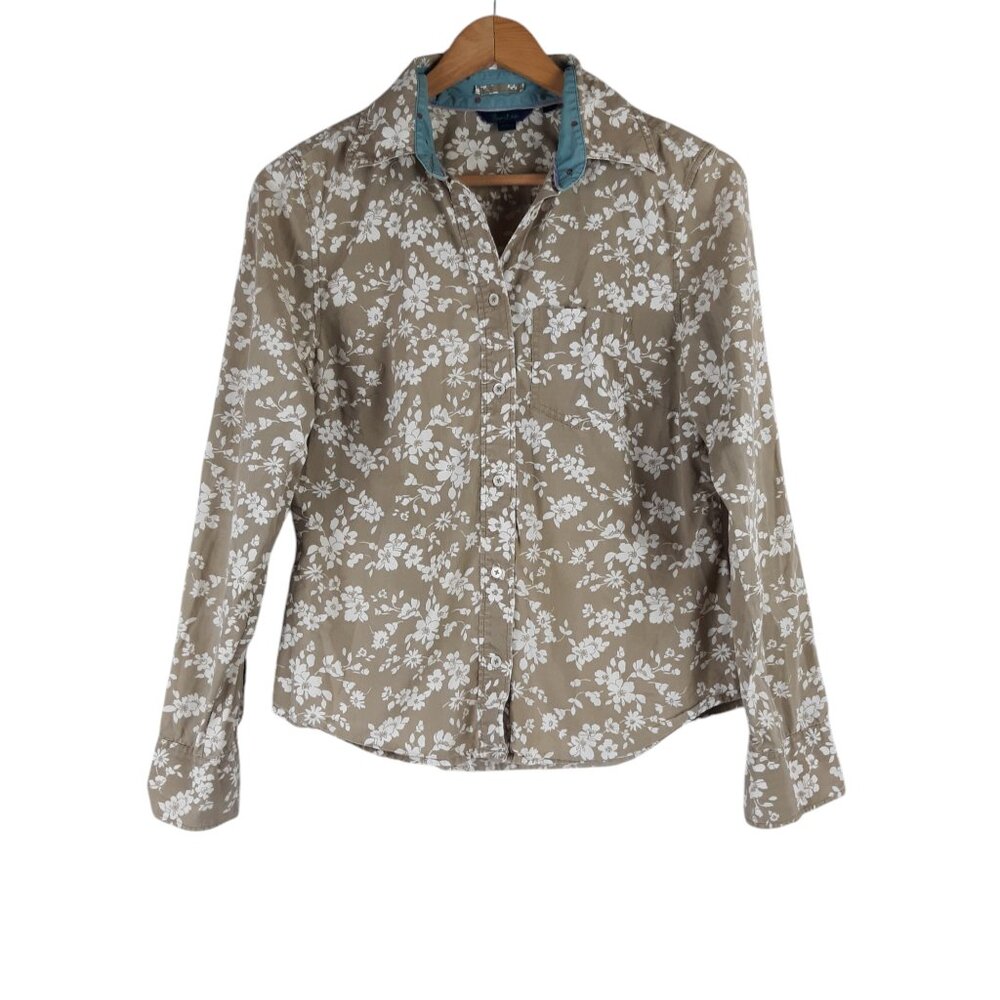 Boden Floral Cotton Tan White Floral Long Sleeve Button Down Shirt Size 10